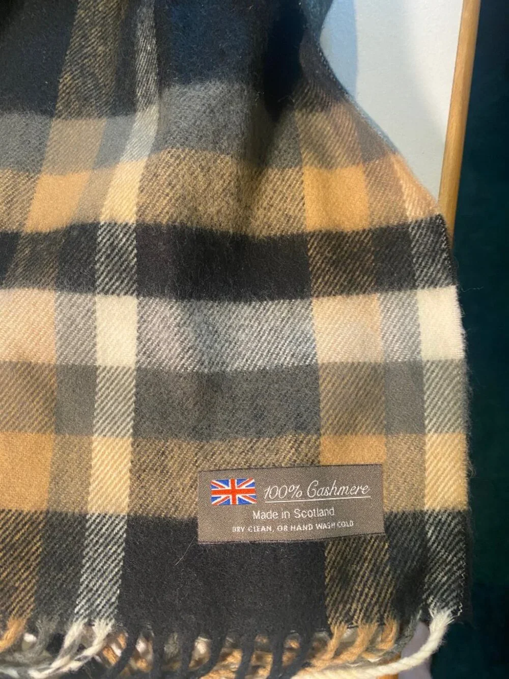 Made in Scotland 100% Cashmere Plaid Scarf 69” x 12” camel, cream, grey, blk